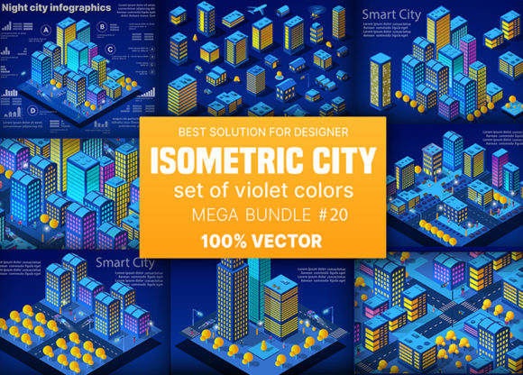 Night Neon Isometric City Set Graphics and Scene Generators